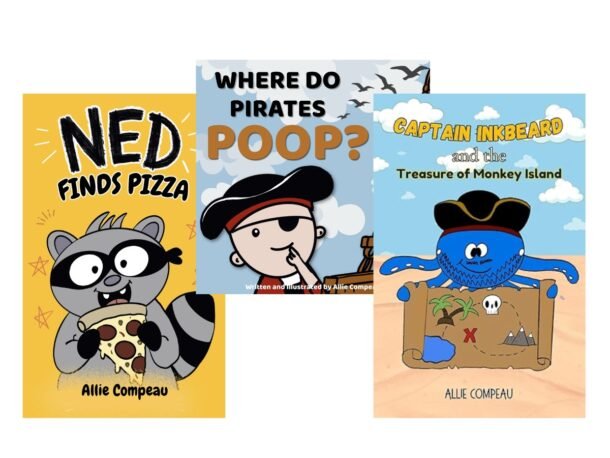 Book covers of Ned Finds Pizza, Where Do Pirates Poop? and Captain Inklbeard and the Treasure of Monkey Island