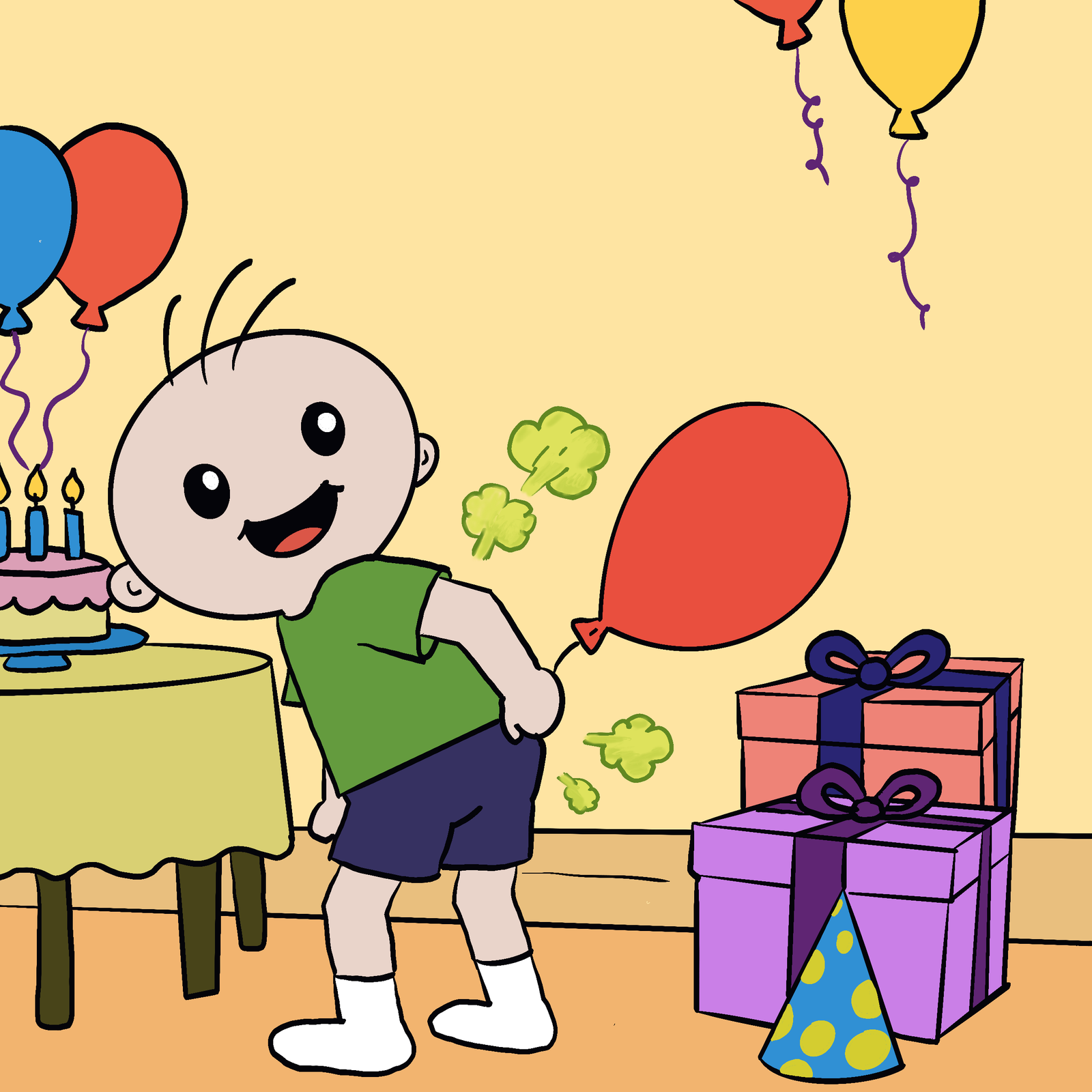 Question Boy filling a balloon with farts and wondering if farts help people fill birthday balloons in Why Do People Fart?