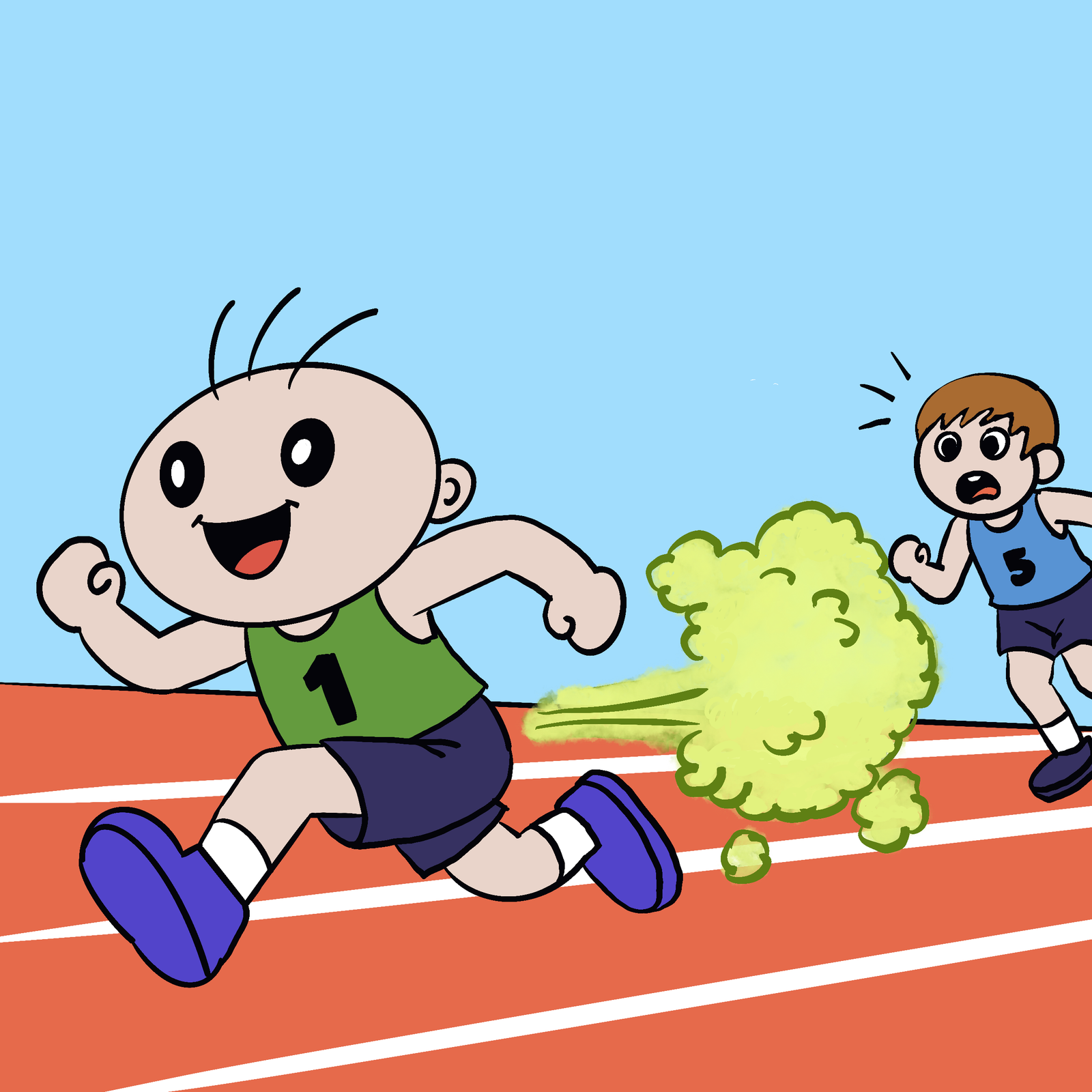 Question Boy running on a track and wondering if farts help people run faster in Why Do People Fart?