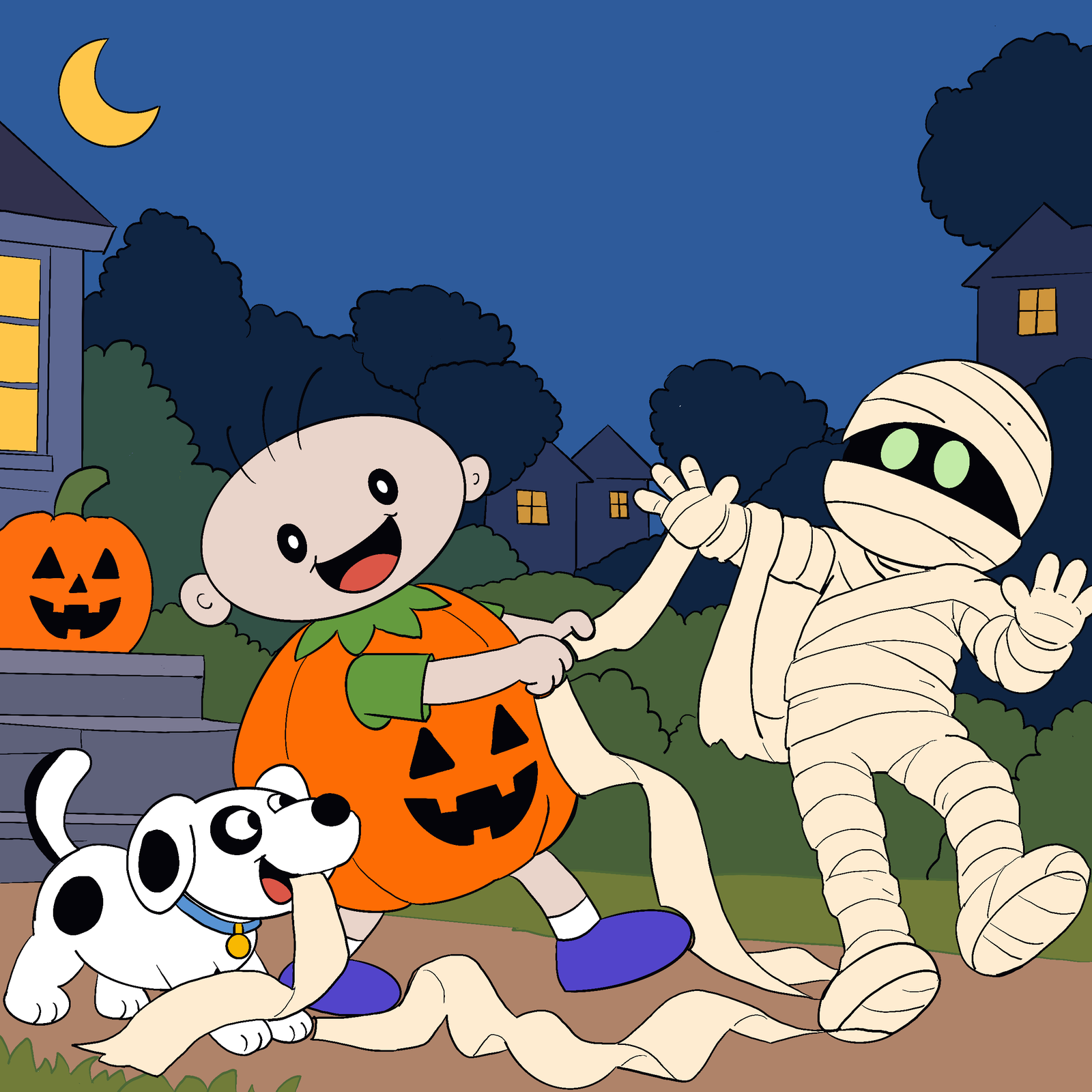Gus is stealing toilet paper by unwrapping a mummy on Halloween