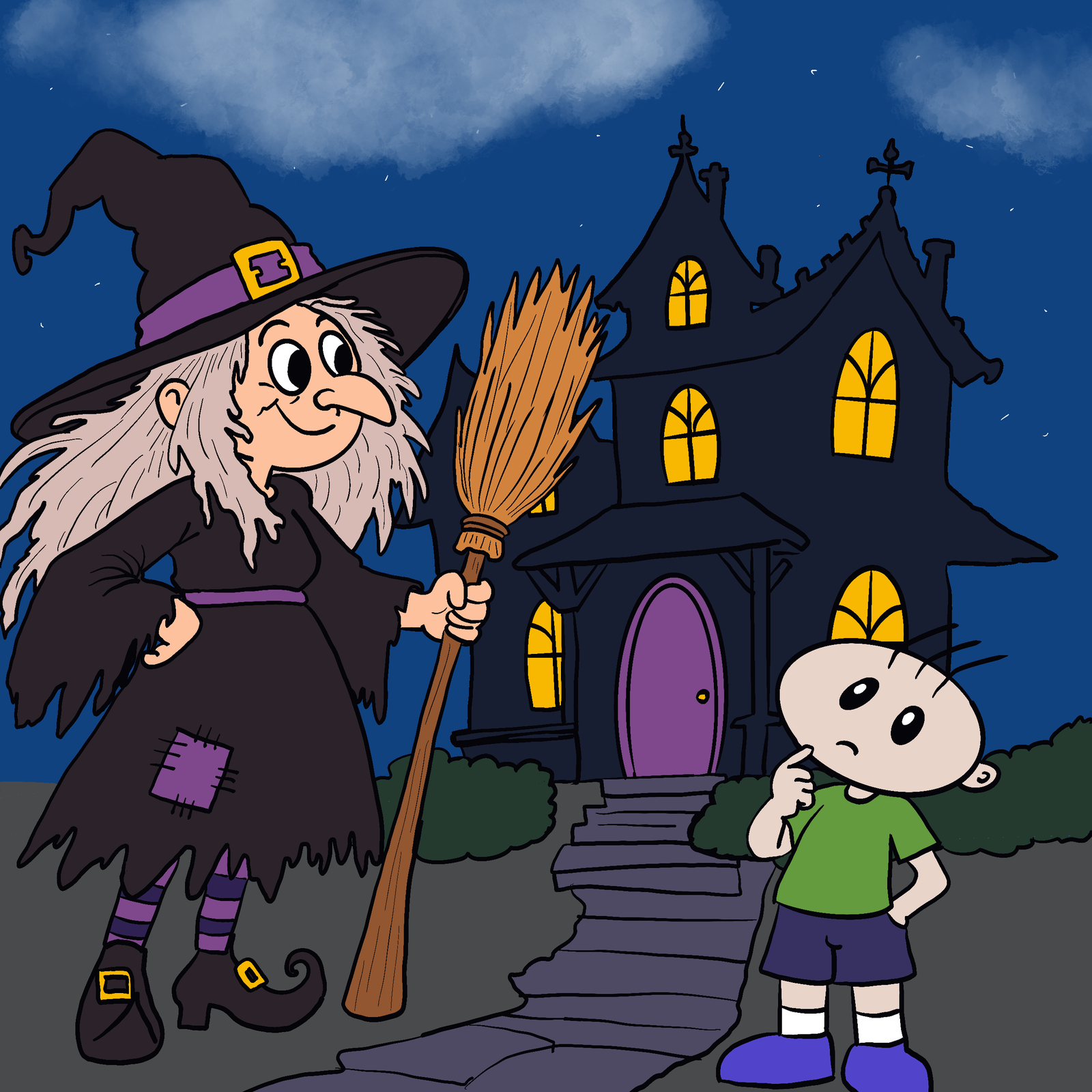 Gus is looking at a witch and her broomstick on Halloween