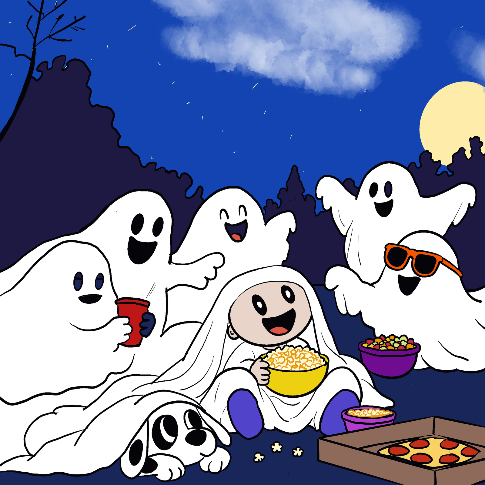 Gus is hanging out with ghosts on Halloween eating pizza and popcorn